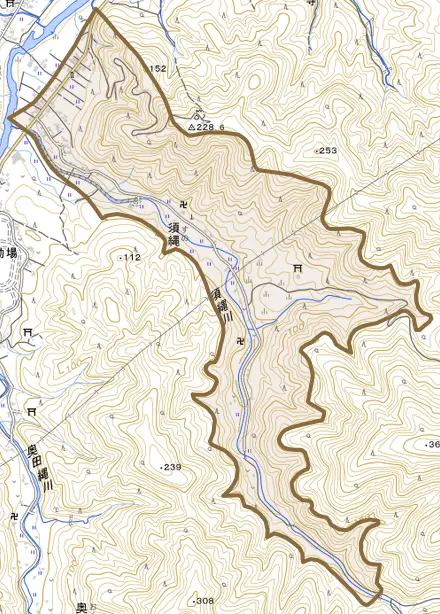 須縄とその周辺の地図。町の範囲を重ねている