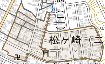 松ヶ崎とその周辺の地図。町の範囲を重ねている