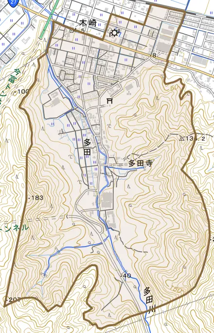 多田とその周辺の地図。町の範囲を重ねている