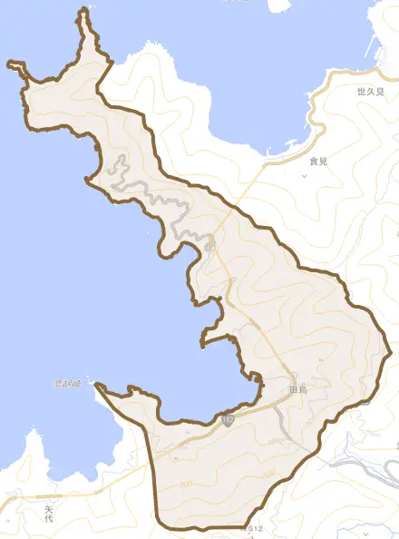 田烏とその周辺の地図。町の範囲を重ねている