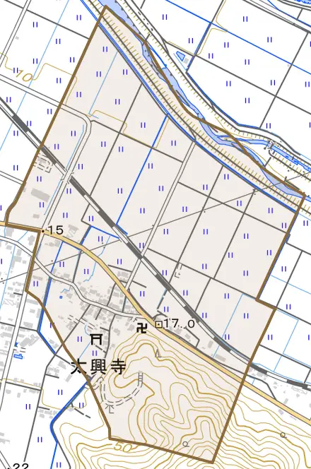 太興寺とその周辺の地図。町の範囲を重ねている