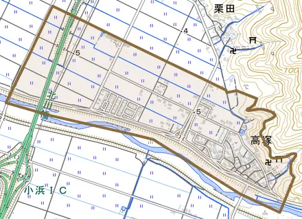 高塚とその周辺の地図。町の範囲を重ねている