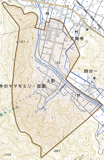上野とその周辺の地図。町の範囲を重ねている