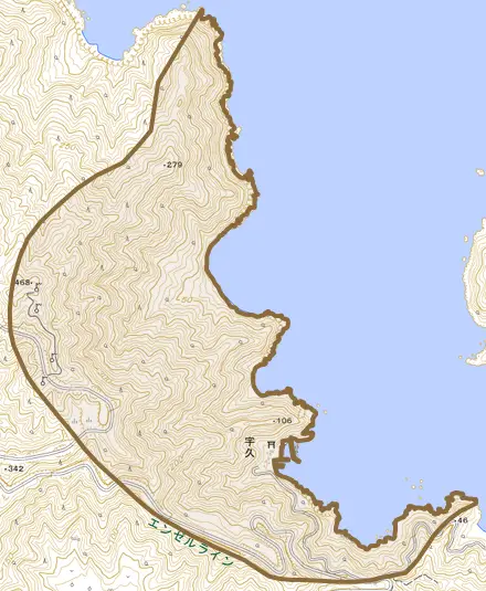 宇久とその周辺の地図。町の範囲を重ねている