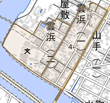 雲浜とその周辺の地図。町の範囲を重ねている