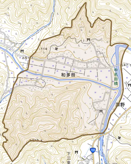和多田とその周辺の地図。町の範囲を重ねている