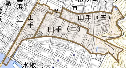 山手とその周辺の地図。町の範囲を重ねている