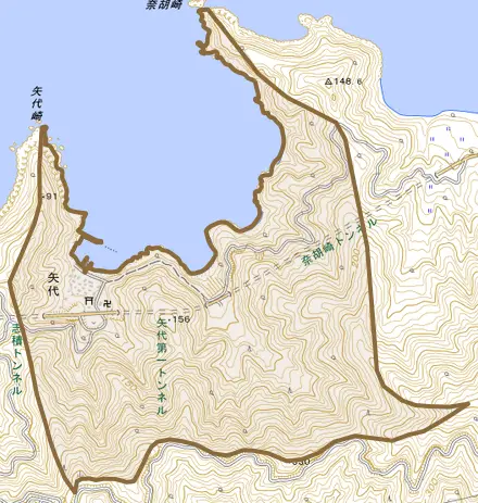 矢代とその周辺の地図。町の範囲を重ねている