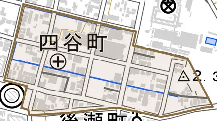 四谷町とその周辺の地図。町の範囲を重ねている