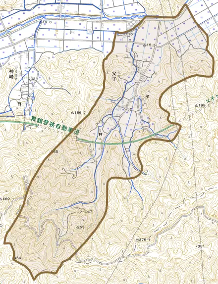 父子とその周辺の地図。町の範囲を重ねている
