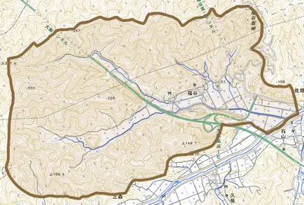 福谷とその周辺の地図。町の範囲を重ねている