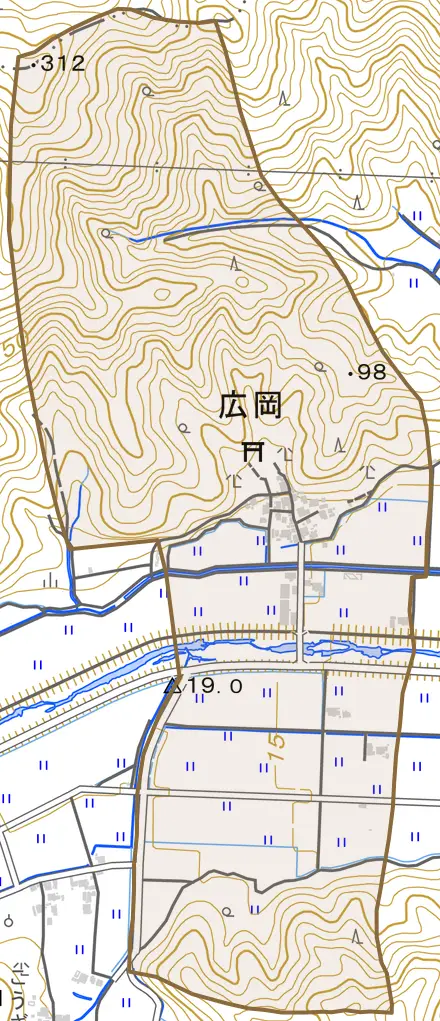 広岡とその周辺の地図。町の範囲を重ねている