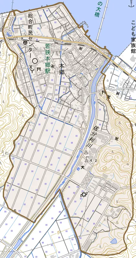 本郷とその周辺の地図。町の範囲を重ねている