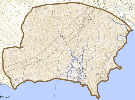 犬見とその周辺の地図。町の範囲を重ねている