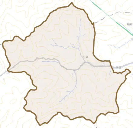 川上とその周辺の地図。町の範囲を重ねている