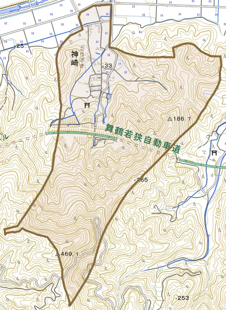 神崎とその周辺の地図。町の範囲を重ねている