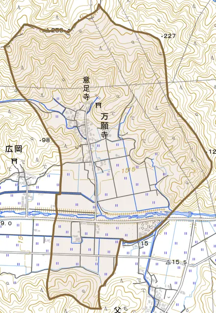 万願寺とその周辺の地図。町の範囲を重ねている
