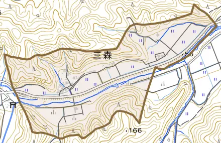 三森とその周辺の地図。町の範囲を重ねている