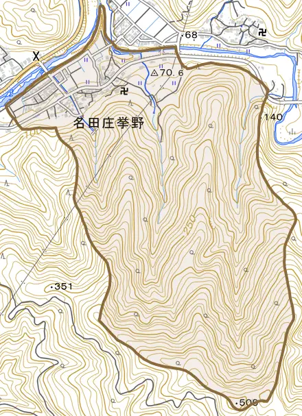 名田庄挙野とその周辺の地図。町の範囲を重ねている