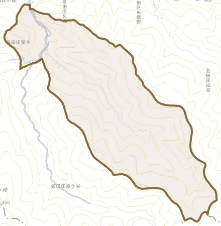 名田庄堂本とその周辺の地図。町の範囲を重ねている