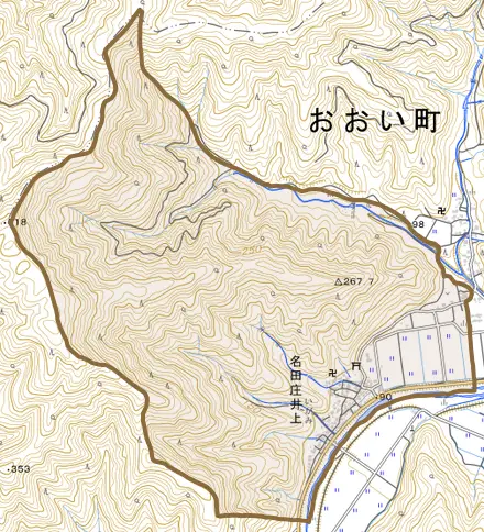 名田庄井上とその周辺の地図。町の範囲を重ねている