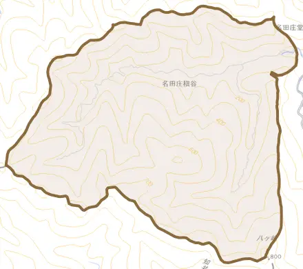名田庄槇谷とその周辺の地図。町の範囲を重ねている
