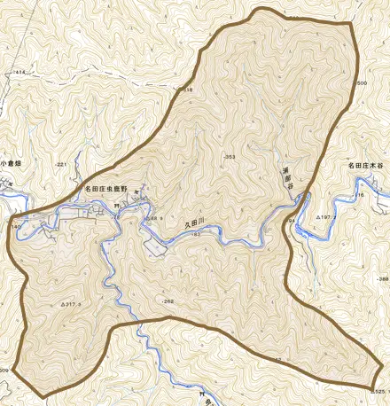 名田庄虫鹿野とその周辺の地図。町の範囲を重ねている