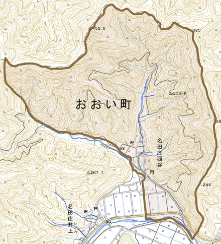 名田庄西谷とその周辺の地図。町の範囲を重ねている