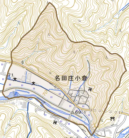 名田庄小倉とその周辺の地図。町の範囲を重ねている