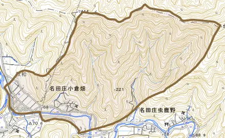 名田庄小倉畑とその周辺の地図。町の範囲を重ねている