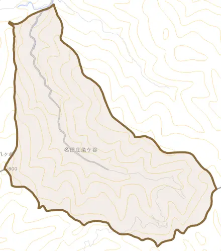 名田庄染ヶ谷とその周辺の地図。町の範囲を重ねている