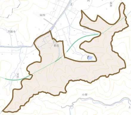 野尻とその周辺の地図。町の範囲を重ねている