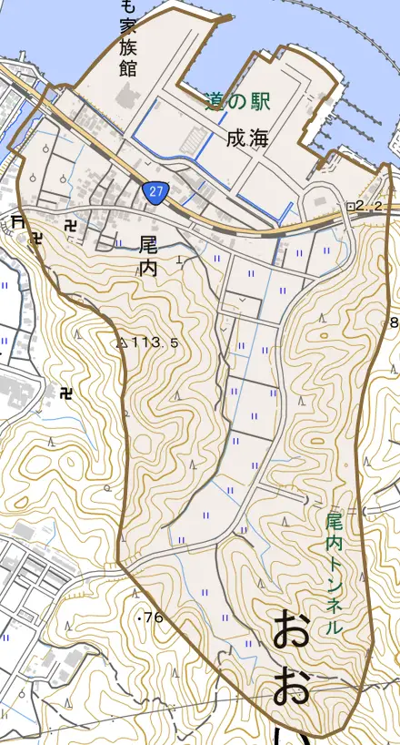 尾内とその周辺の地図。町の範囲を重ねている