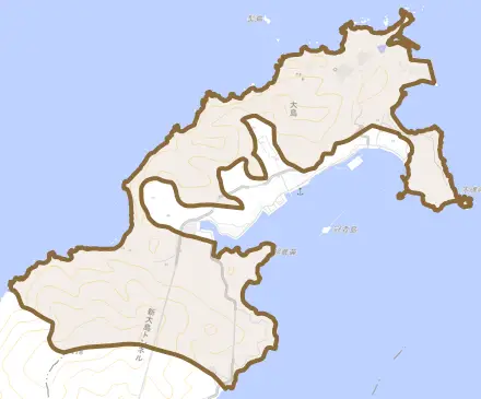 大島とその周辺の地図。町の範囲を重ねている