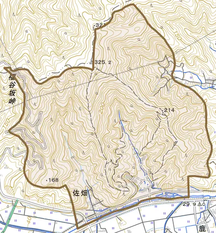 佐畑とその周辺の地図。町の範囲を重ねている
