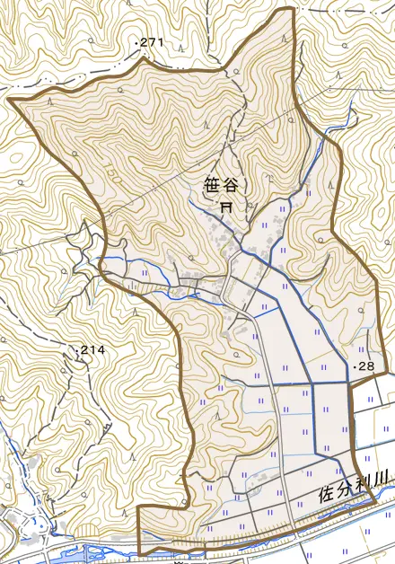 笹谷とその周辺の地図。町の範囲を重ねている