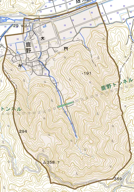 鹿野とその周辺の地図。町の範囲を重ねている