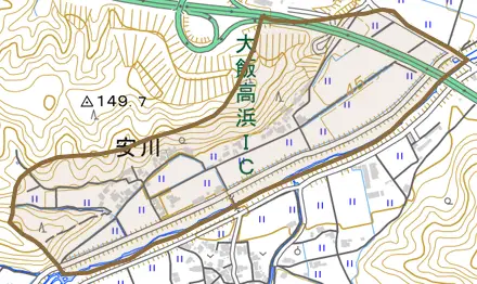 安川とその周辺の地図。町の範囲を重ねている