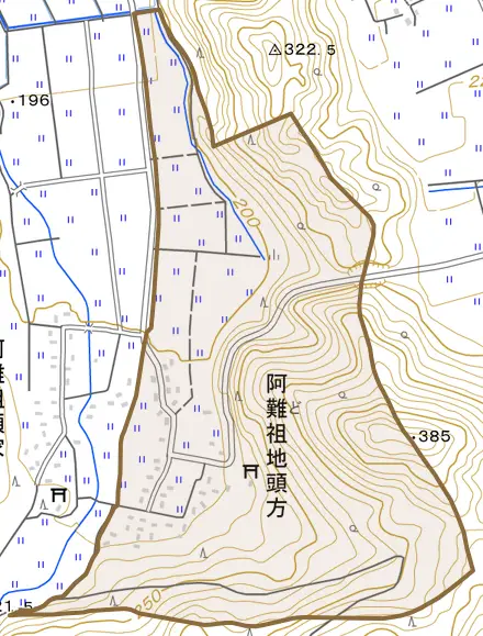 阿難祖地頭方とその周辺の地図。町の範囲を重ねている