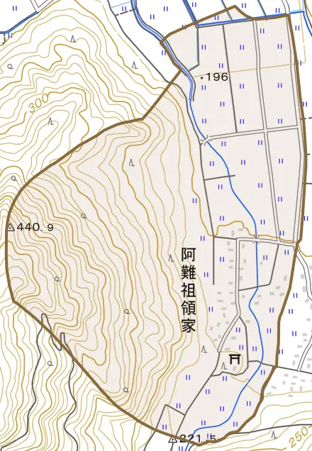 阿難祖領家とその周辺の地図。町の範囲を重ねている