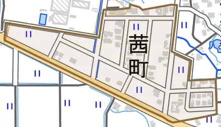 茜町とその周辺の地図。町の範囲を重ねている