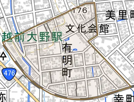 有明町とその周辺の地図。町の範囲を重ねている