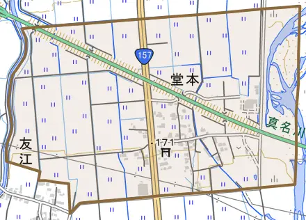 堂本とその周辺の地図。町の範囲を重ねている
