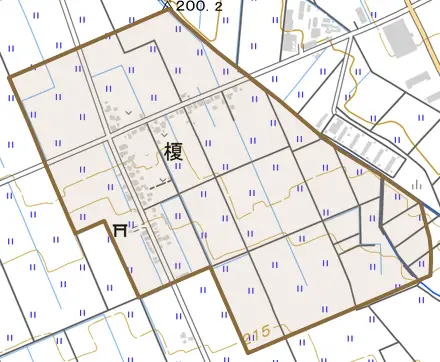 榎とその周辺の地図。町の範囲を重ねている