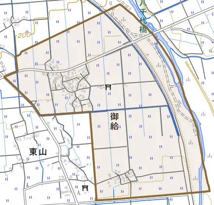 御給とその周辺の地図。町の範囲を重ねている