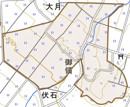 御領とその周辺の地図。町の範囲を重ねている