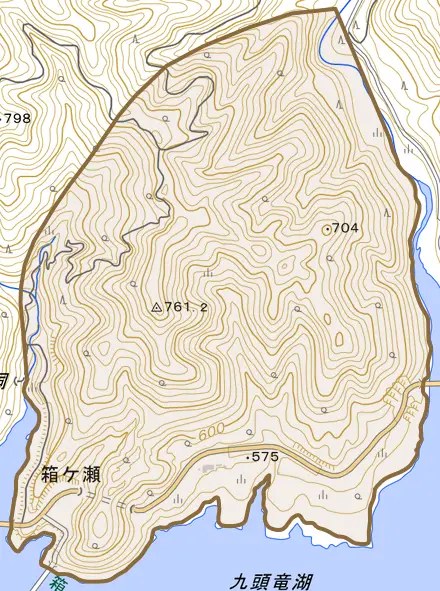 箱ケ瀬とその周辺の地図。町の範囲を重ねている
