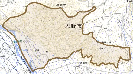 花房とその周辺の地図。町の範囲を重ねている
