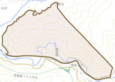 東勝原とその周辺の地図。町の範囲を重ねている