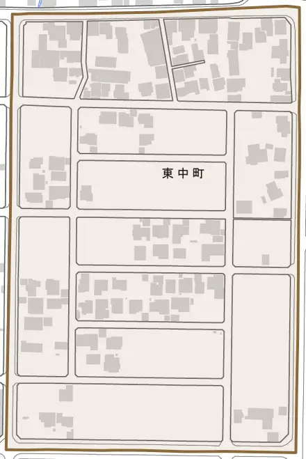 東中町とその周辺の地図。町の範囲を重ねている